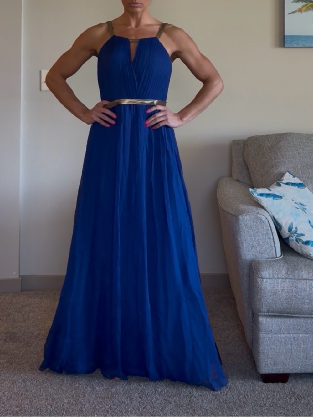 NWT Elegant Royal Blue Evening Gown with Gold Accents